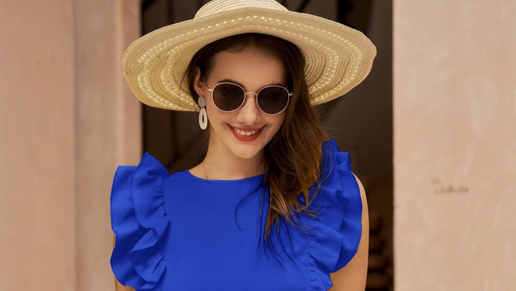 Round Neck Sleeveless Shirt Ruffle Sleeve Pleated Elegant Lady