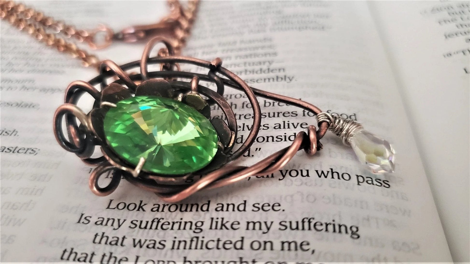 Handmade Wire Sculpted Green Crystal Copper Eye Necklace