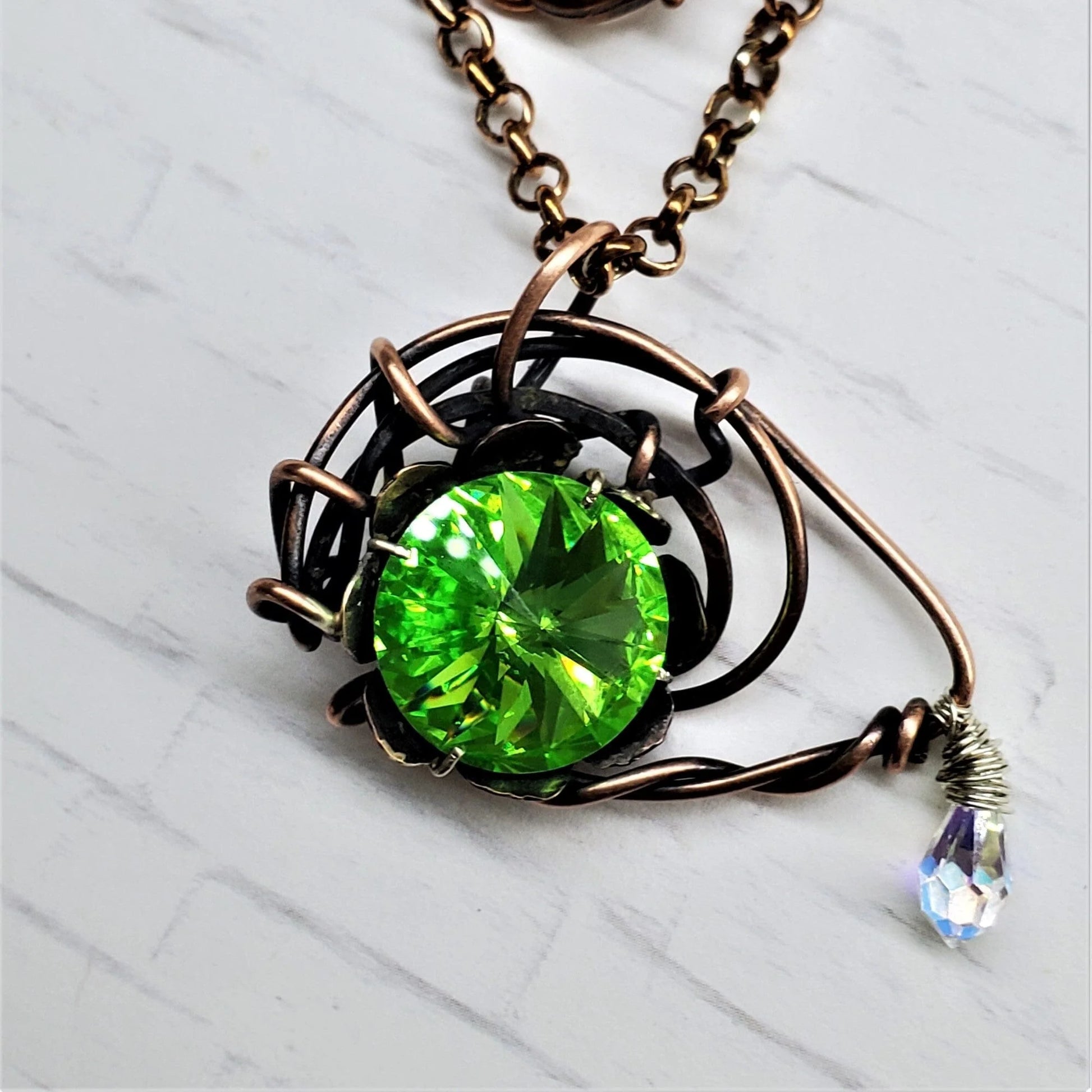 Handmade Wire Sculpted Green Crystal Copper Eye Necklace