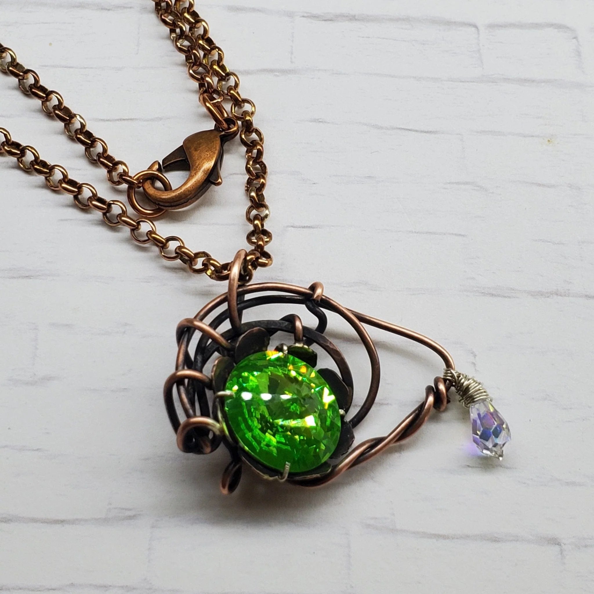 Handmade Wire Sculpted Green Crystal Copper Eye Necklace