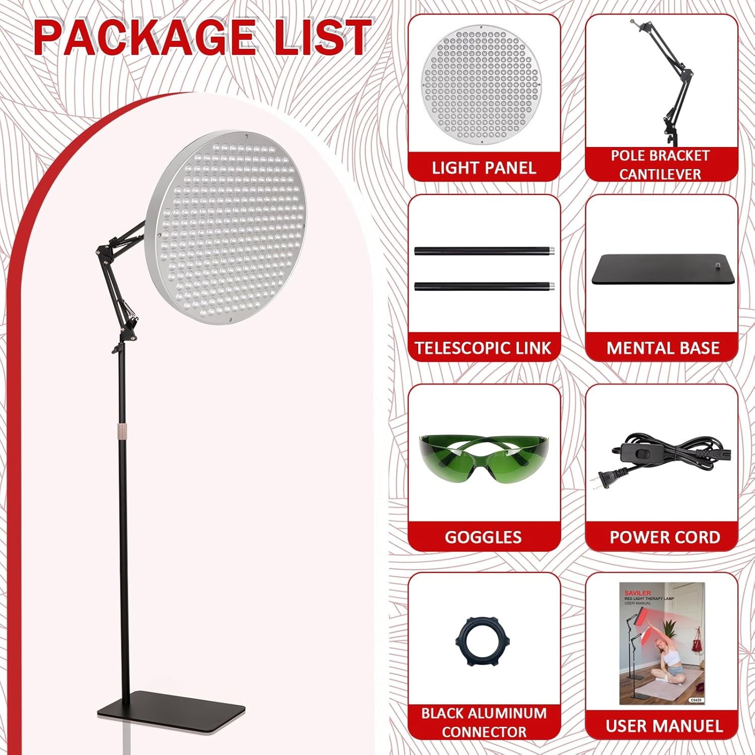 Round Red Light Therapy for Face and Body, Adjustable Height Stand, 660Nm Red Light Therapy & 850Nm Infrared Light Therapy Device，Skin Beauty