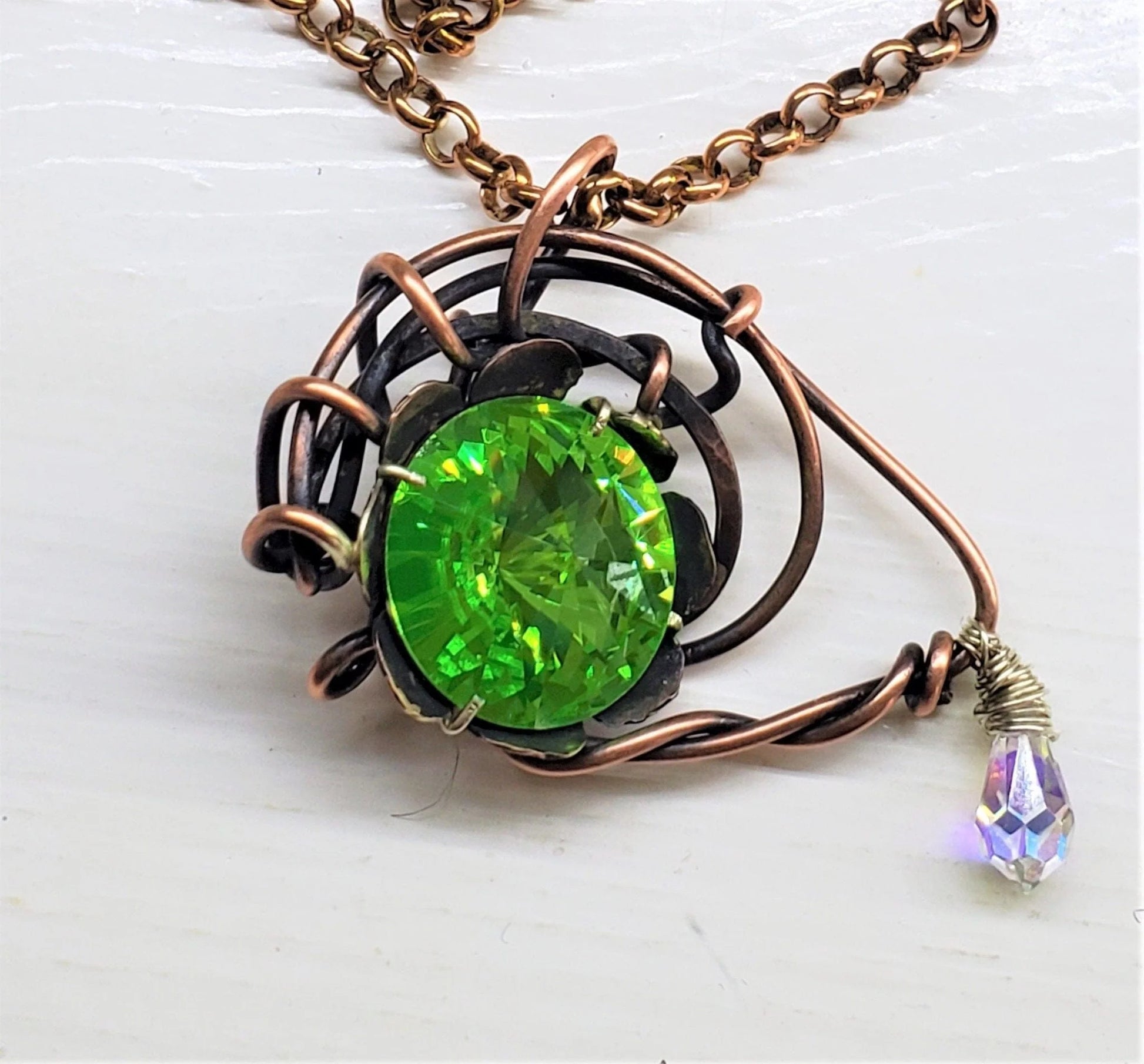 Handmade Wire Sculpted Green Crystal Copper Eye Necklace